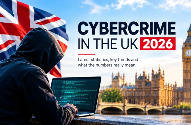Illustration of a hooded laptop user, the Union Jack and Westminster for a UK cybercrime statistics report.