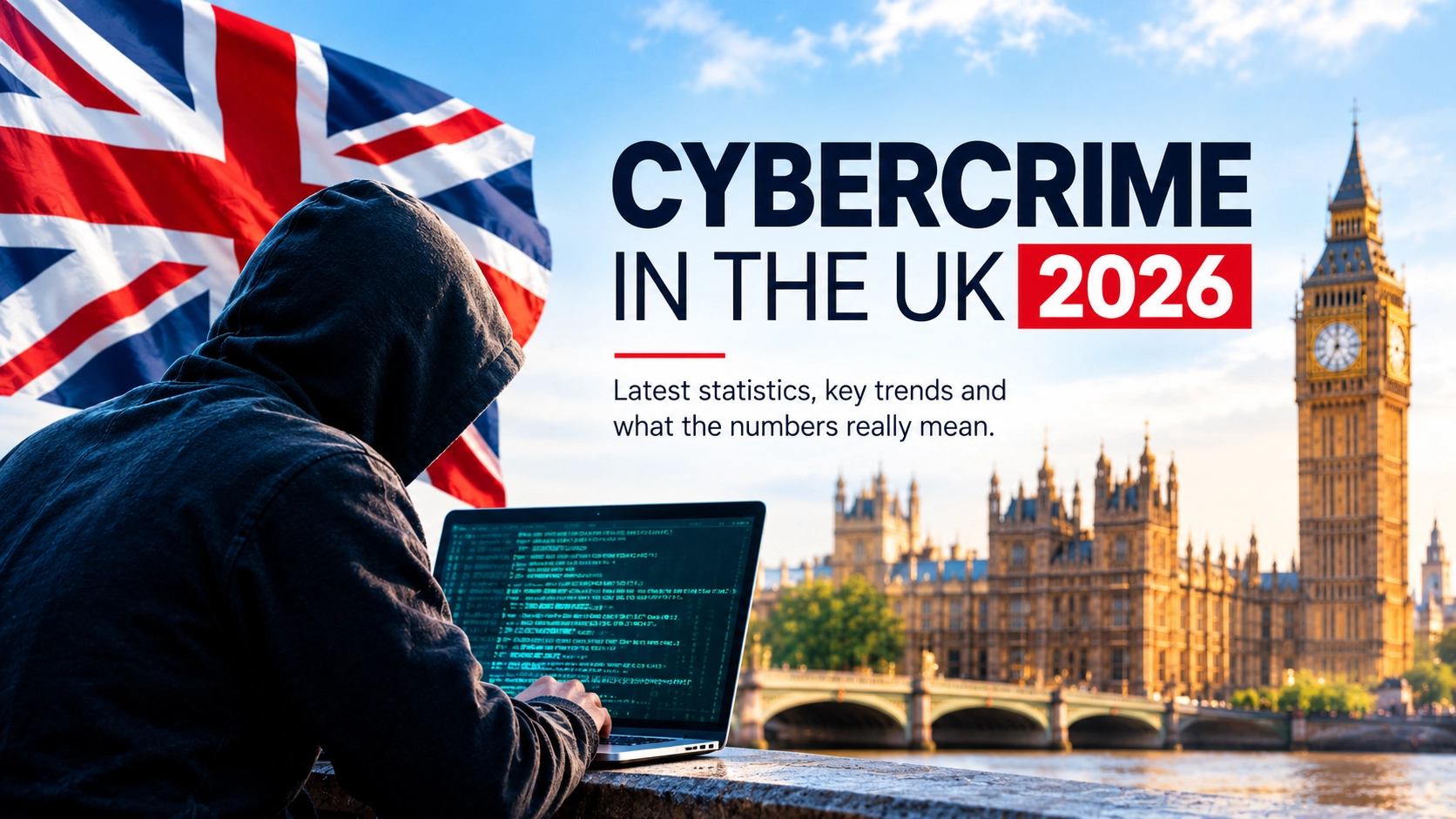 Illustration of a hooded laptop user, the Union Jack and Westminster for a UK cybercrime statistics report.