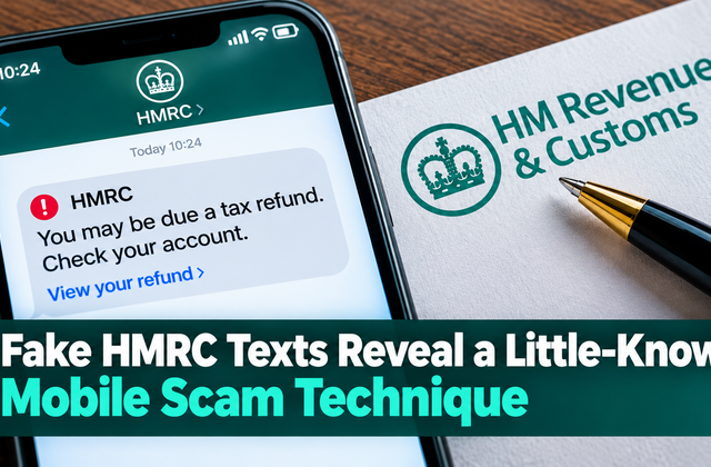 Smartphone displaying a suspicious text message impersonating HMRC, illustrating the risk of fake HMRC texts and mobile scams.