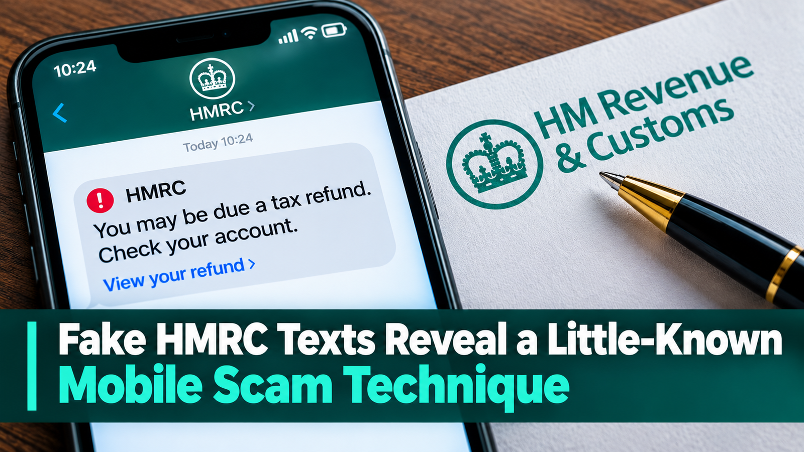 Smartphone displaying a suspicious text message impersonating HMRC, illustrating the risk of fake HMRC texts and mobile scams.