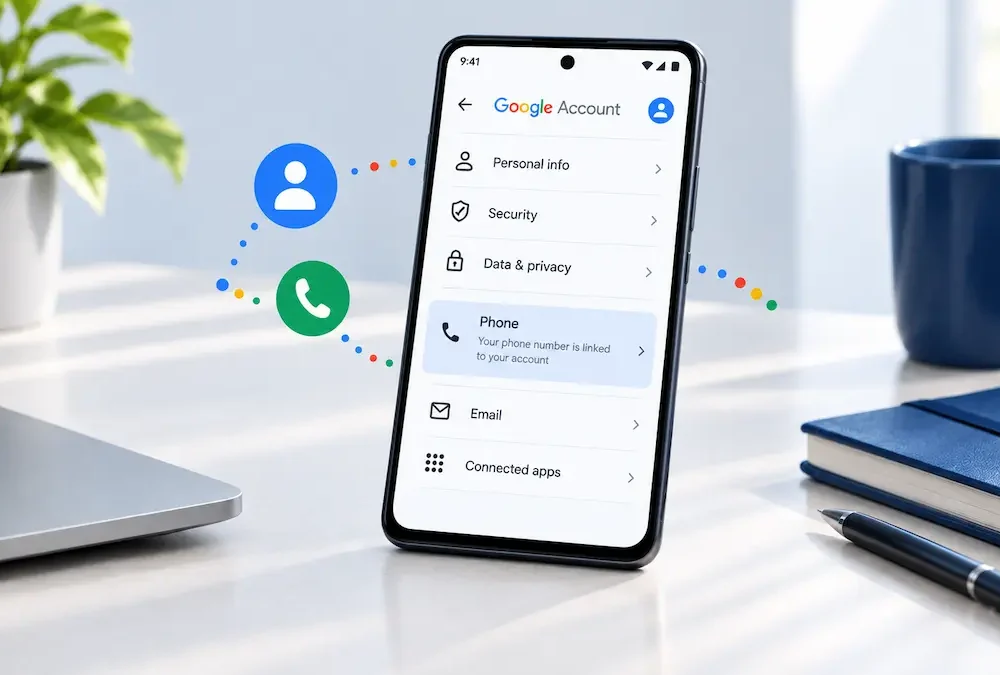 Illustration of an Android phone showing Google Account phone settings