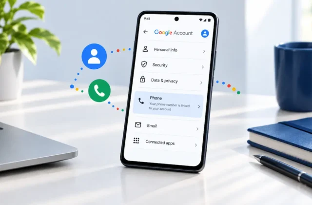 Illustration of an Android phone showing Google Account phone settings