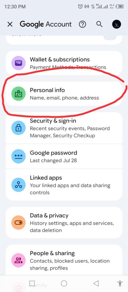 Google Account phone settings on Android