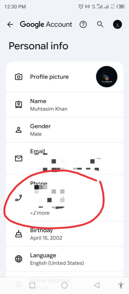 Google Account phone settings on Android