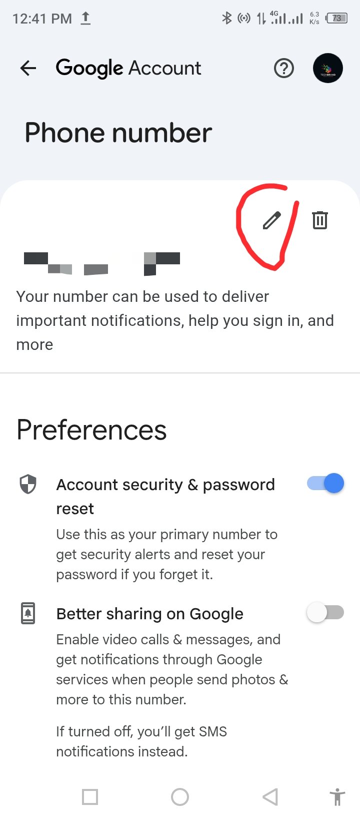 Google Account phone number management settings