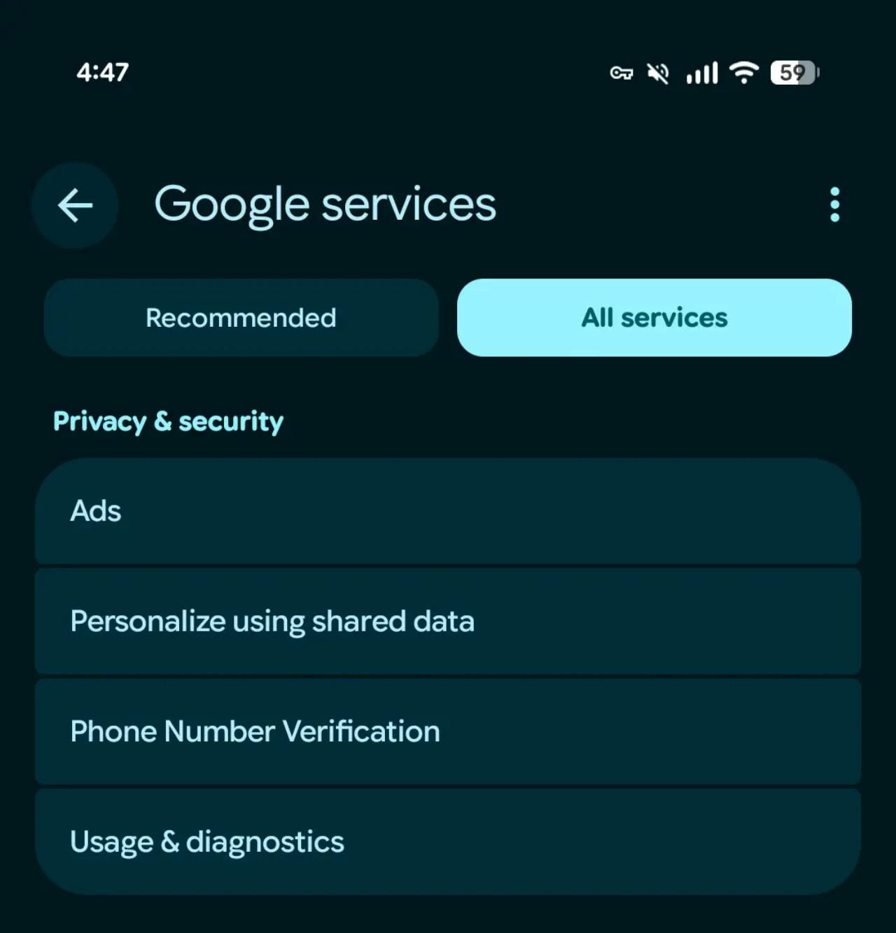 Phone number verification settings on Android