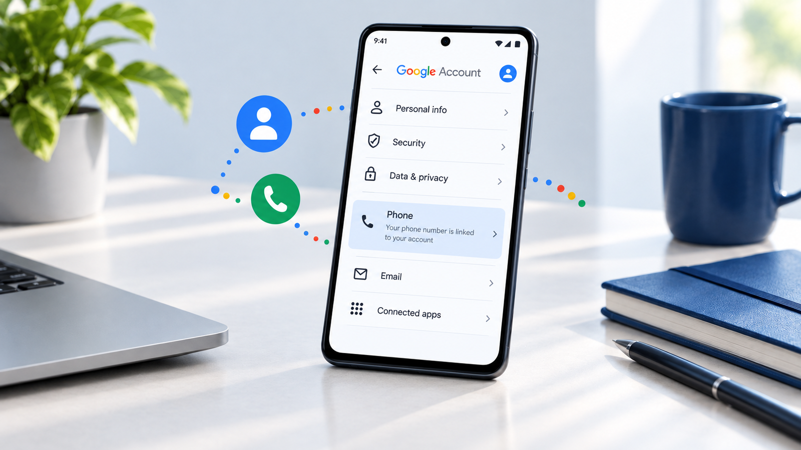 Illustration of an Android phone showing Google Account phone settings