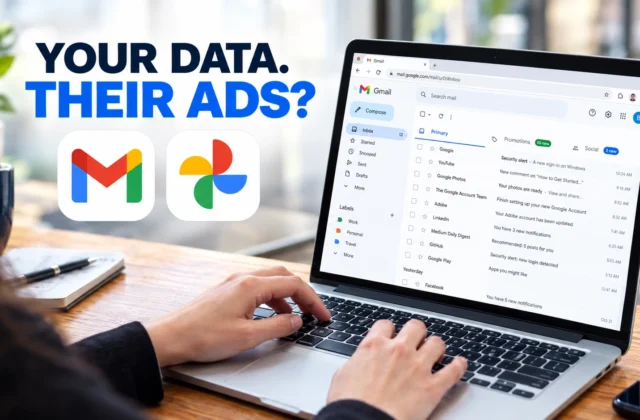 Google Gmail and Photos icons beside a targeted advertising privacy concept