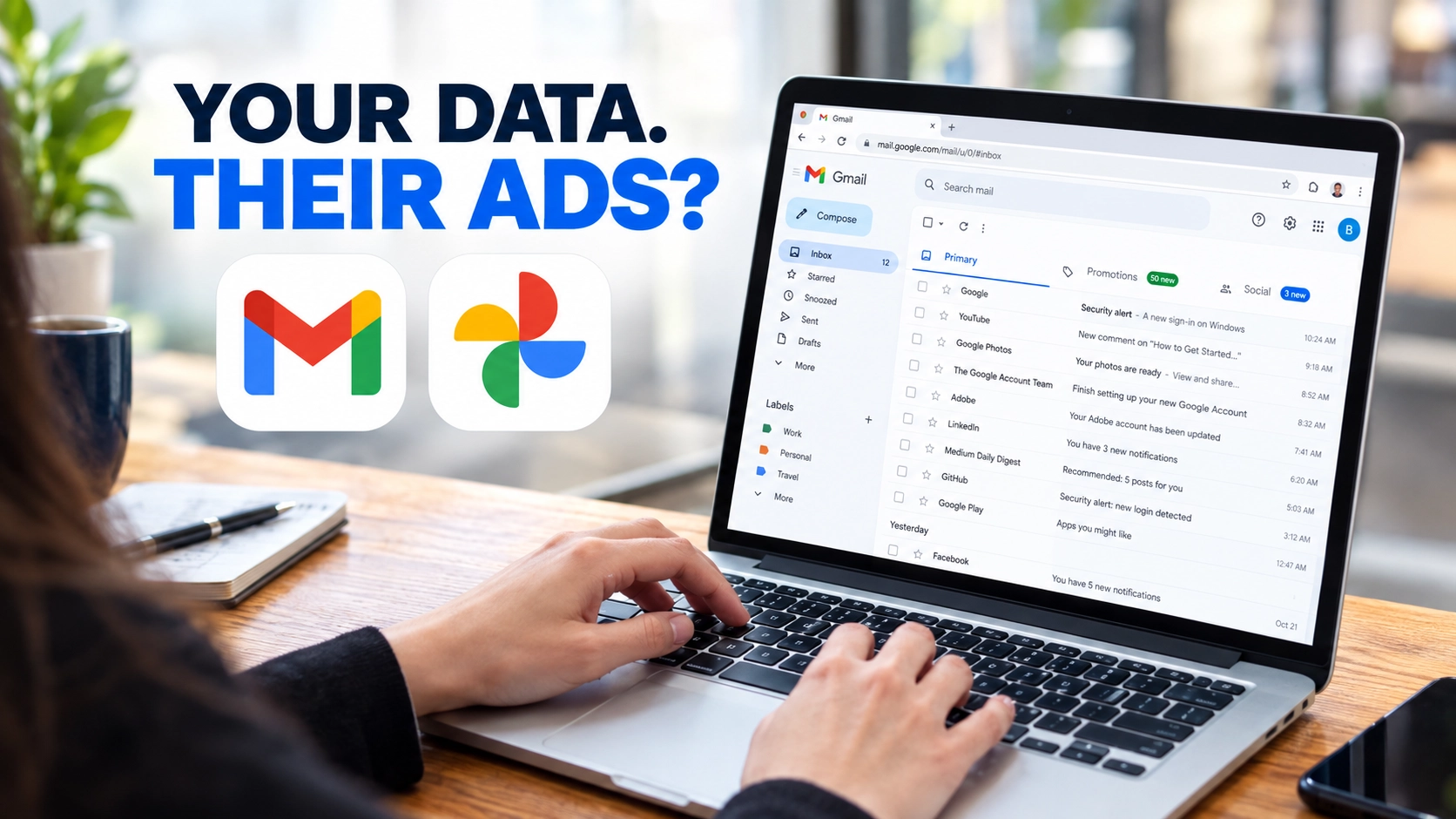 Google Gmail and Photos icons beside a targeted advertising privacy concept