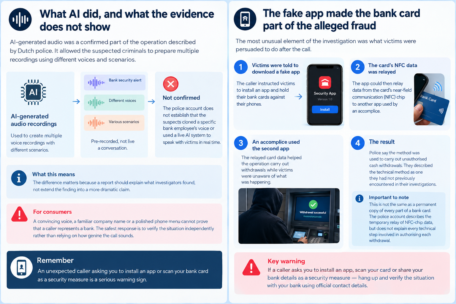 Fake bank app scam involving a phone and contactless bank card